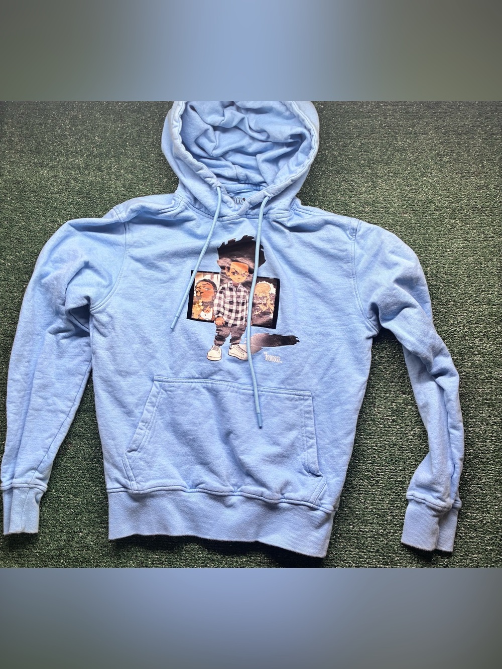 Light Blue Graphic Hoodie with Kid Character